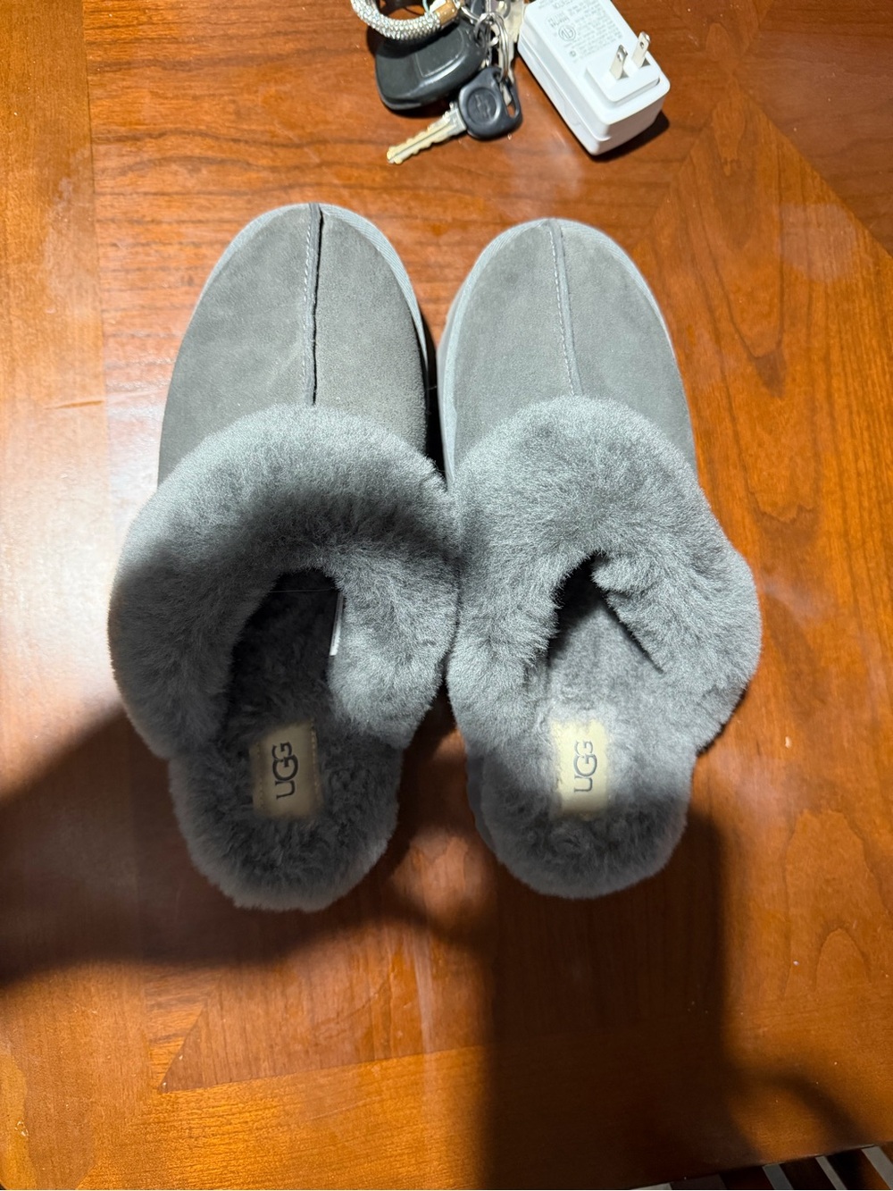 UGG Gray Suede Shearling Slip-On Mules